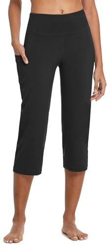 baleaf Womens Capri Pants with Pockets Yoga Capri Leggings High Waist Wide Leg Crop Exercise Workout Summer Pants Black XL