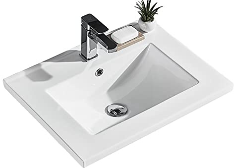 baanio - Lavabo Encimera Cerámico Blanco | Pila Lavamanos Rectangular 61x46 cm | Compatible con Mueble de Baño 60x45 cm, con Rebosadero, con Orificio Grifo 61x46 cm, 1 Seno centrado.