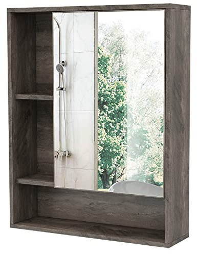 ChooChoo Bathroom Wall Mirror Cabinet, Medicine Cabinet with Single Door and Adjustable Shelf, Over The Toilet Space Saver Storage Cabinet, Grey