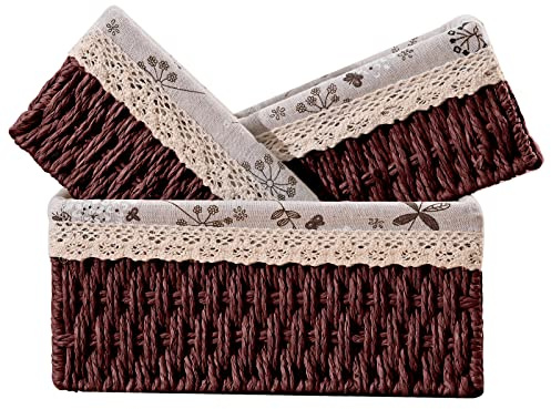 3 Pcs Handmade Wicker Storage Baskets Set Shelf Baskets,Woven Decorative Home Storage Bins for Bedroom,livingroom,kitchenroom,Table,Closet,Pantry, Entryway, Home Decor Brown