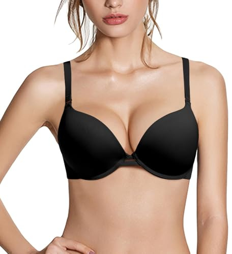 Pushlus Push Up Thick Padded Plunge Underwire T Shirt Bra Lift Support for Women Add One Cup 34B Black