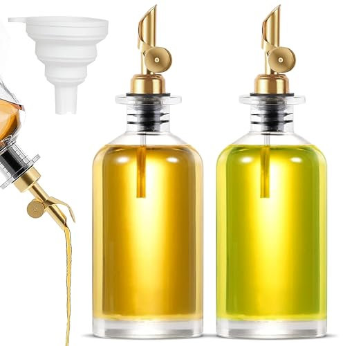 BIROYAL Olivenöl Flasche Set - Essig und Ölflaschen Set - 350ml x 2 Ölflasche - Automatisches Öffnen und Schließen Öl und Essigspender Set - Olivenöl Flasche mit Faltbar Trichter aus Silikon (Gold)
