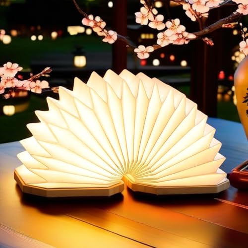 Lámpara a pilas, lámpara de mesa recargable, lámpara de papel, luz de libro plegable de 1200 mAh, lámpara de escritorio japonesa con 2 colores, lámpara plegable de madera, regalos novedosos para
