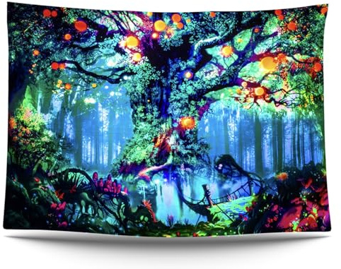 Ulticool – Albero delle fiabe – Glow in the Dark – Arazzo da parete – Luce nera sotto la luce UV reattiva, nero neon light – Blacklight – nero psichedelico al buio – 200 x 150 cm