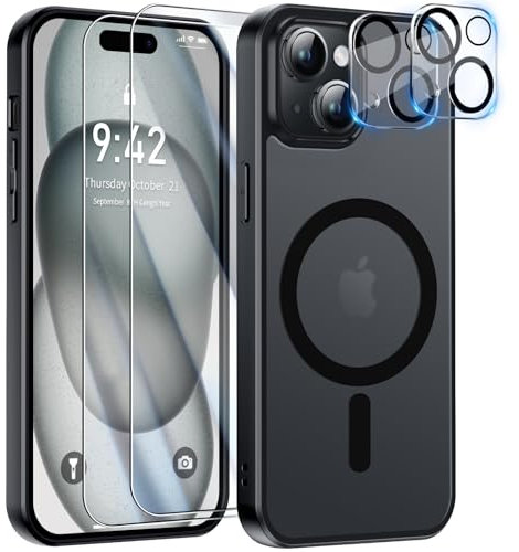 YisrLery 5-in-1 Kompatibles mit iPhone 15 Hülle für Mag Safe mit 2 Stück Schutzfolie und 2 Stück Kameraschutz Militärnorm Schutz, PC Kratzresistente Rückseite Stoßfest Magnetische Hülle - Schwarz