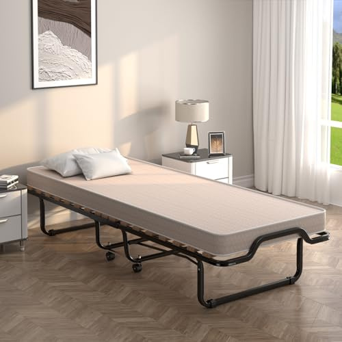 COSTWAY Letto Brandina Pieghevole a Doghe con Materasso in Memory Foam, 200x90 cm, Letto Portatile con 4 Ruote e Struttura Resistente, Carico 130kg, Made in Italy