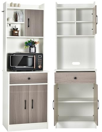 KOMFOTTEU Aparador Alto de Madera con Cajón y Estante Ajustable, Alacena de Cocina con Agujeros para Cables, Armario para Microondas, Mueble de Almacenaje, 60 x 40 x 180 cm (Blanco)