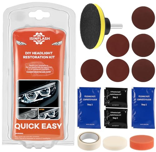 ISINFLASH Car Headlight Restoration Kit, 3 Easy Steps to Restore Sun Damaged Automotive Headlights Lens, Polish Restorer Cleaner Tool DIY Polishing, Sanding Discs, Scouring Pads for Electric Drill