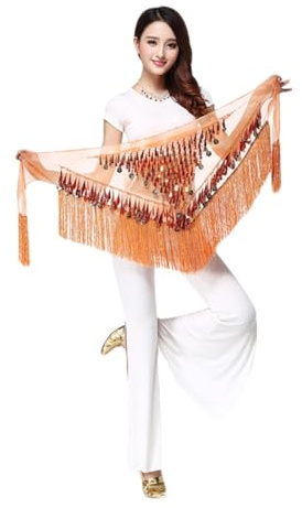 YMYGCC Magdans Sjal 1 Stycke Magdans Hip Sjal Paljetter Tofs Dans Accessoarer Triangel Dans Hip Scarf Midja Bälte 229 (Orange), Apelsin, one size