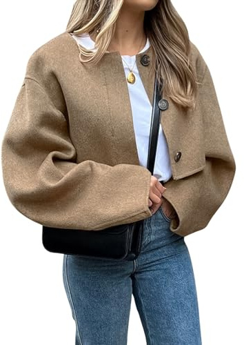 CHARTOU Women Cropped Wool Blend Pea Coat Short Jacket Peacoat Long Sleeve Button Down Crop Jacket (Small,Camel)
