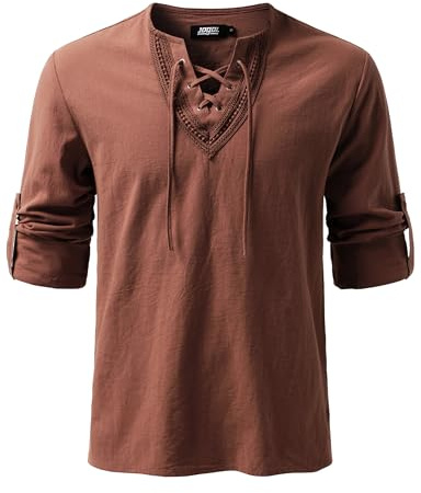 JOGAL Chemise pour homme vintage Renaissance avec lacets, manches longues en coton, chemise de loisirs pour costume médiéval, viking, pirate, Rouge et marron., L