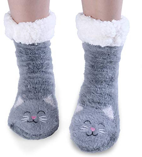 Jeasona Chat Chausson Chaussette Femme 39-42 Pantoufle Chaussette Chausson Chaudes Antidérapante Polaire Hiver Cadeau Chat Femme Noel