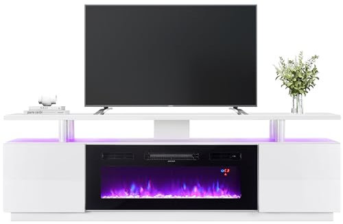 INMOZATA Electric Fire, Entertainment Center Console Table with Fireplace, 12Colors Realistic Flame Effect & 12Colors Moon Lights, Remote Control&Overheat Protection, 36 Fireplace, for 78 TV, White