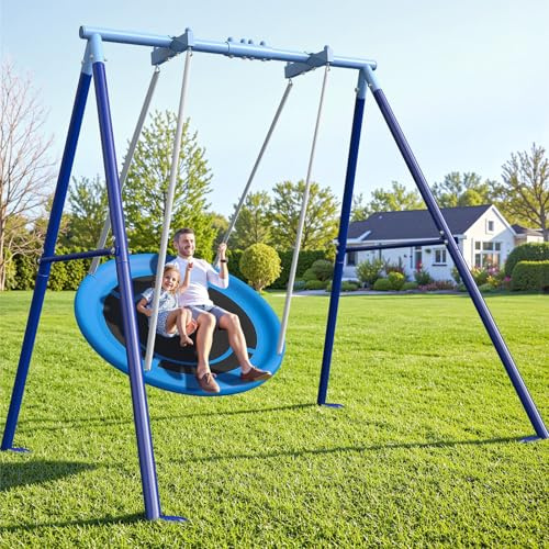 Hpyfov Waterproof 50-Inch Saucer Swing with Frame, 600 lbs Heavy-Duty Metal A-Frame for Outdoor Use, Stabilizer & Large Swing Range Design with Easy Assemble Swing Sets for Backyard for Kids & Adults