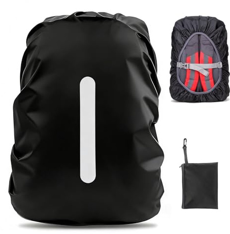 PINEPAN Protection contre la pluie pour sacs à dos avec bandes réfléchissantes, housse de pluie imperméable, réflecteur pour cartable, housse de sac à dos avec sac de rangement, noir, 100 l