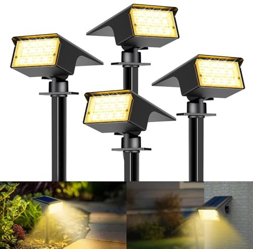 kolpop Lot de 4 Spot Solaire Exterieur, 77 LED Lampe Solaire Exterieur Jardin Puissante avec 3 Modes d'Éclairage, Lumiere Solaire Exterieur IP65 Étanche pour Jardin Allée Chemin, Blanc Chaud