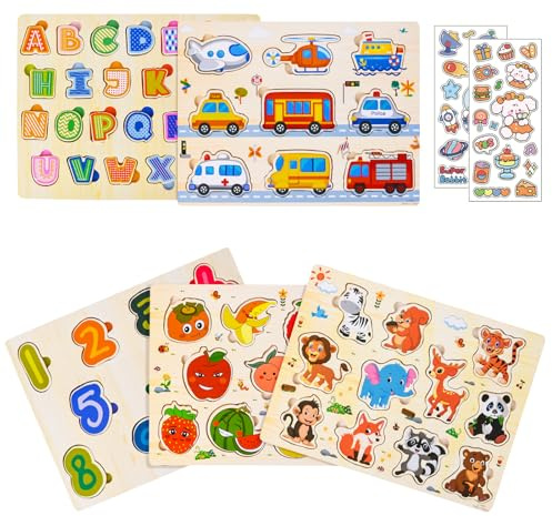 KIMIGO 5 pcs Puzzles en Bois pour Enfants,Puzzles Jouet Éducatif Montessori,Puzzle en Bois Bébé,Alphabet Nombre Forme Véhicules Fruit Animal Jeuets Educatifs Apprentissage pour Bébés 1 2 3 Ans