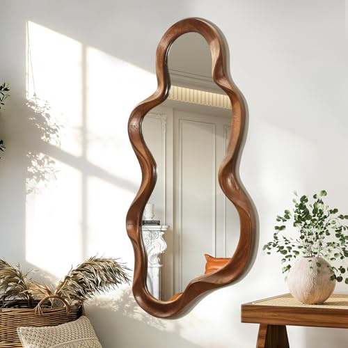 Oregelbunden väggspegel med träram, modern, asymmetrisk, hängande spegel, konstnärlig, unik molnform, väggdekor, för badrum, sminkbord, sovrum, vardagsrum, hall, stor, 120 x 55 cm