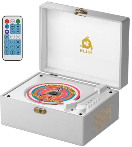 KLIM Retro CD Player – Lecteur CD Vintage avec Enceintes, récepteur Bluetooth, AUX, USB, Batterie Rechargeable, Design Platine Vinyle, Poste Audio décoratif Compact - Blanc