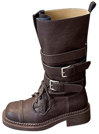 Stivali Da Donna A Metà Polpaccio Vintage In Pelle Sintetica Nera, Stivale Da Biker Moto Con Multiple Cinghie E Fibbie, Boots Punta Rotonda Scarpe Combattimento Leggeri E Eleganti Per Autunno Inverno