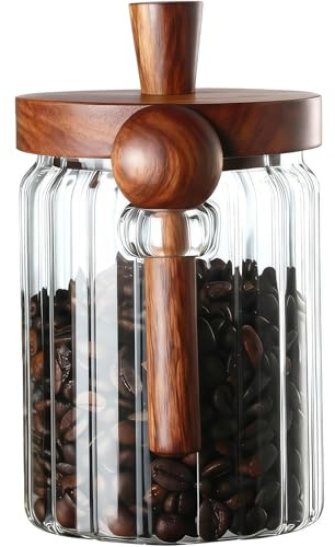Vesavifaka Contenedor de café, Tarro de café con Cuchara de Madera y Tapa, Diseño Acanalado, Recipiente hermético para Granos de café/café molido/azúcar/Sal/té Suelto, 20 Oz