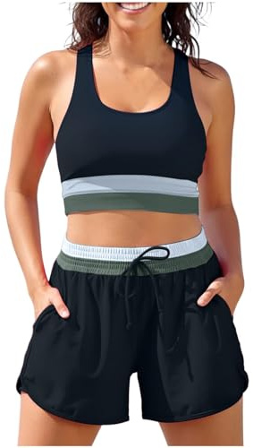 Bikini Mujer Cintura Alta Bañadores Traje de Baño 2 Piezas Bikini Top Push Up Cuello en U con Relleno y Cintura Alta Pantalones Cortos con Bolsillos Bañador Deportivo para Viajes Playa la Natacion