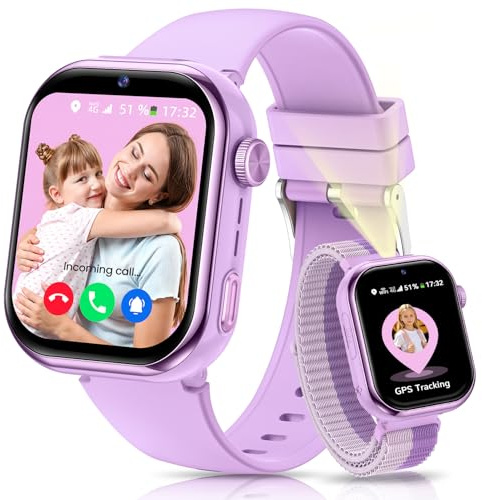 Smartwatch Kinder mit GPS und Telefon, Kinderuhr mit SIM, Videoanrufe, Sprachchat, Schulmodus, SOS SMS Schlafmonitor, IP68 Wecker Schrittzähler Taschenlampe Kinder Smartwatch für Mädchen Jungen, Lila