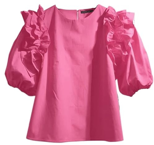 UJEDFHV Damblus med volanger, sommarblus för kvinnor, kortärmad volangblus, vintage, lapptäcke, ledig, lös, rund hals, matchande blus, Mörk rosa, S