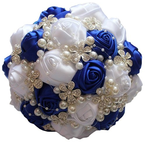 Fouriding Bouquet da Nozze Sposa damigella d'onore Nastro Rosa Diamante Perlato Fiore Artificiale Decorazione (Royal blu-bianco, 18cm)