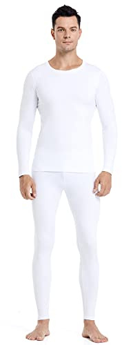 PISIQI Thermal Underwear Men Ultra-Soft Long Johns Set with Fleece Lined Base Layer Winter Skiing Warm Top & Bottom Black (White, Large)