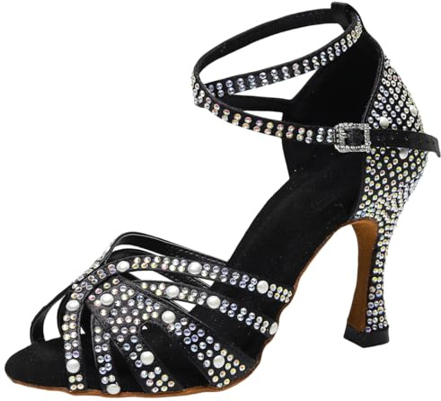 BREXLI Women's Rhinestone Latin Dance Shoes - Comfortable Satin Salsa Bachata Heels for Wedding Party Performance & Practice (3'' Heel) Black US5