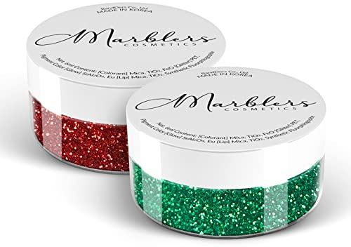 MARBLERS Cosmetic Grade Fine Glitter Duo [Santa Red & Christmas Green] 0.36oz (10g) | Non-Toxic | Vegan | Cruelty-Free | Eyeshadow, Nail Polish, Nail Art | Festival, Rave & Party Makeup | Body & Face