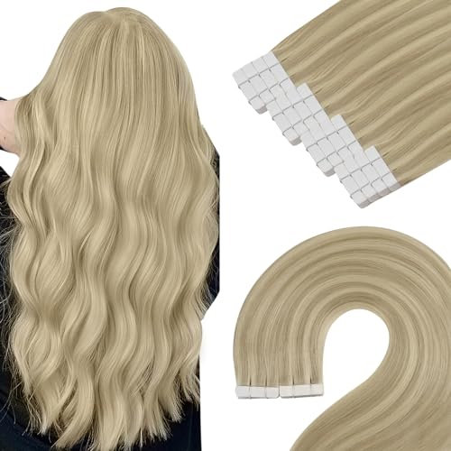 YoungSee Tape Extensions Echthaar Blond 30 cm Echthaar Extensions Tape Blond Kurz Tape in Extensions Echthaar Goldblond mit Mittelblond Tapes Haarextension Glatt fur Damen 30g #16/22