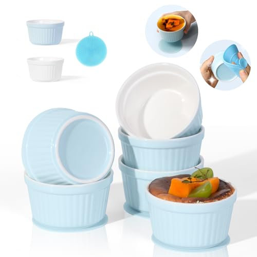 Highkit Creme Brulee Schälchen 6 Stück, 9 cm - 200 ml Souffle Förmchen Backofenfest, Souffleeförmchen Schüsseln, Creme Brulee Schalen, Keramikförmchen Ofenfeste Förmchen, Ragout Fin Schalen,Blau