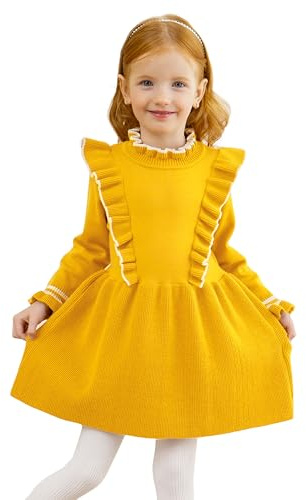 Miipat Bambino Ragazza Maglione Vestito Manica Lunga Bimba Bambina Carino Pullover Maglia Gonna Giallo 110 3-4 Anni