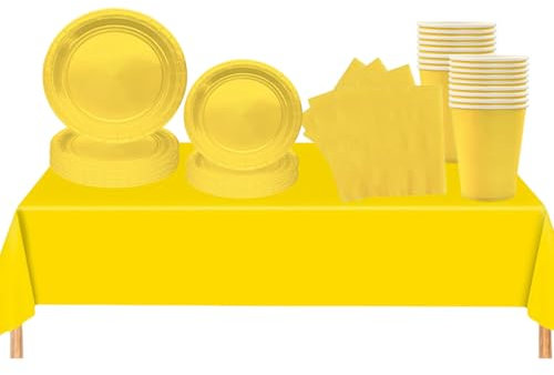 69 piezas Amarillo Platos Desechable Juego de Vajilla Desechable Decoración Cumpleaños Fiesta,Platos Servilletas Copa de Papel y Mantel,para Bodas,Picnics,Baby Shower,Biodegradable,Compostables