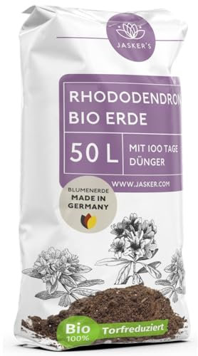 JASKER'S Bio Rhododendronerde 50 L - Saure Erde mit 20% weniger Torf für Moorbeetpflanzen - Erde für Pflanzen mit Dünger - Saure Blumenerde - Pflanzenerde mit saurem PH-Wert