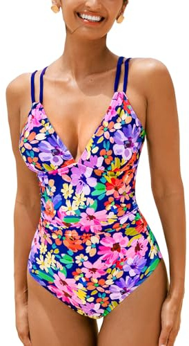 CUPSHE Maillot de bain une pièce pour femme, col en V, contrôle du ventre, double bretelles réglables, découpe dans le dos, anneau