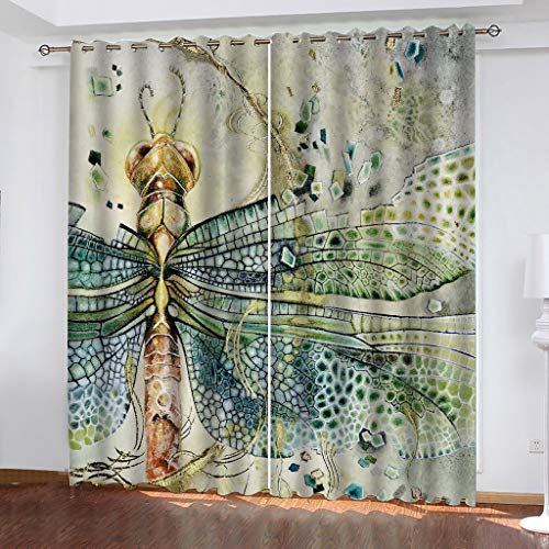 Vorhänge Blickdicht Gardinen Mit Ösen Thermovorhang Verdunkelungsvorhang Für Kinderzimmer Wohnzimmer Fensterdekoration 3D Grüne Libelle Muster Ösenschal 210X200cm (HxB) 2Er Set