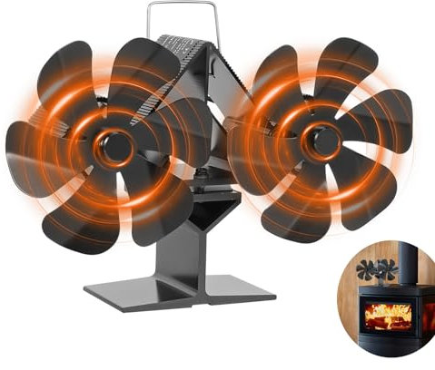 EagerMinds Ventilateur Poêle à Bois Double Tête, 12 Pages, Silencieux Sans Électricité Pour Cheminée/Gaz/Bûches (A)