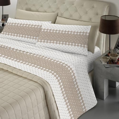 Banzaii - Completo Lenzuola Matrimoniale 100% Cotone, Made in Italy, con Angolo h 30 cm, Roxana beige