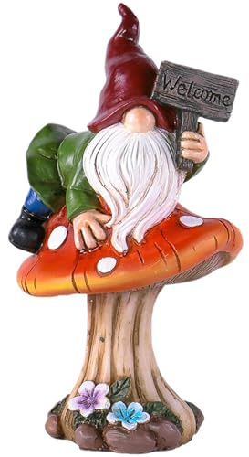 Stgbcst Nain de jardin décoratif sur champignon en résine - Jolie plaque de bienvenue pour la maison et le jardin - 10,5 x 8 x 17,5 cm - Décoration parfaite pour les amateurs de nains (plaque de