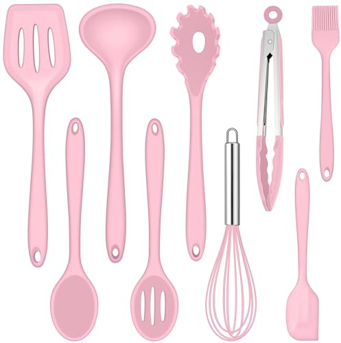 Joyfair Kökshjälpset, 9 delar köksredskap i silikon, värmebeständigt köksredskap, köksredskapsset med spatel, visp, grilltång, non-stick, köksbestick för matlagning och bakning, rosa