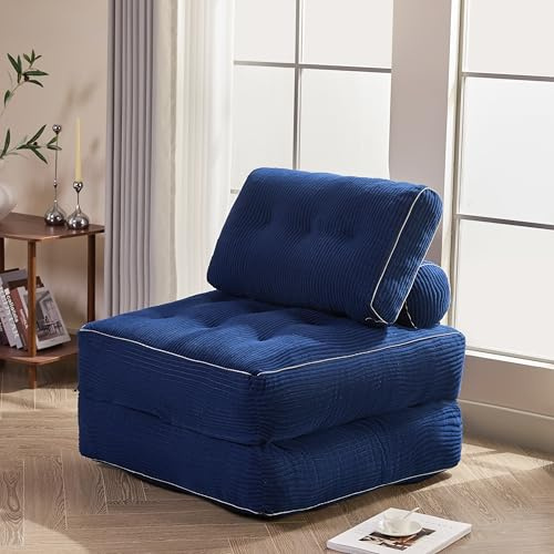 Litbird Sofá Convertible 4 en 1, Sofá Cama 1 Plaza, Pana, Azul Marino | Sin Montaje, Diseño de Suelo, Respaldo Acolchado, Espuma Viscoelástica, Dormitorio o Residencia Estudiantil