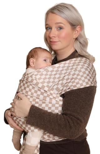 RYLOOBABY Baby Sling Carrier & Stretchy Baby Wrap – Newborn Baby Carrier 3.2–15 kg, Soft Cotton Hands-Free Babywearing Sling, Hip Healthy, One Size XXS–XXXL – Mocha Tiles