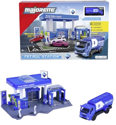 Majorette Petrol Station ARAL (Incluye Coche de Juguete) – Estación de Juguete con Sistema de Lavado, Tienda, pilares de Grifo y Carga y Muchas Funciones, Juego de Coche para niños a Partir de 5 años