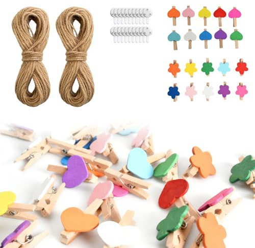 Rieoany Colgador Fotos con Pinzas, 100 Pinzas Madera Mini Corazón y Flor, Incluye 20 m Cuerda Yute y 20 Clavos Sin Marca, Madera 3.7 x 2 cm, Multicolor