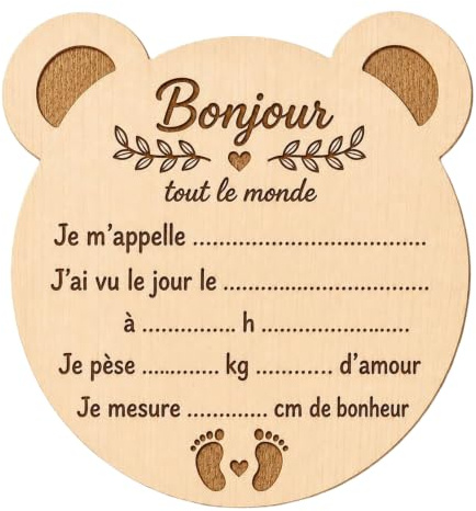 Carte etape bebe en bois, panneau ourson à compléter pour photo bebe naissance, 1 plaque souvenir avec prénom, date, heure, poids et taille, cadeau pour nouveau né, naissance et baptême, fille garçon