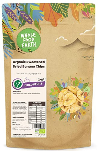 Wholefood Earth Organic Sweetened Dried Banana Chips – 2 kg | Raw | GMO Free | Vegan | High Fibre | Certified Organic