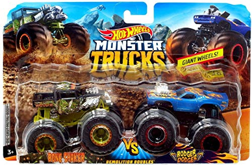 Hot Wheels Monster Trucks Demolition Doubles Bone Shaker VS Rodger Dodger Giant Wheels Truck Toy for Boys and Girls